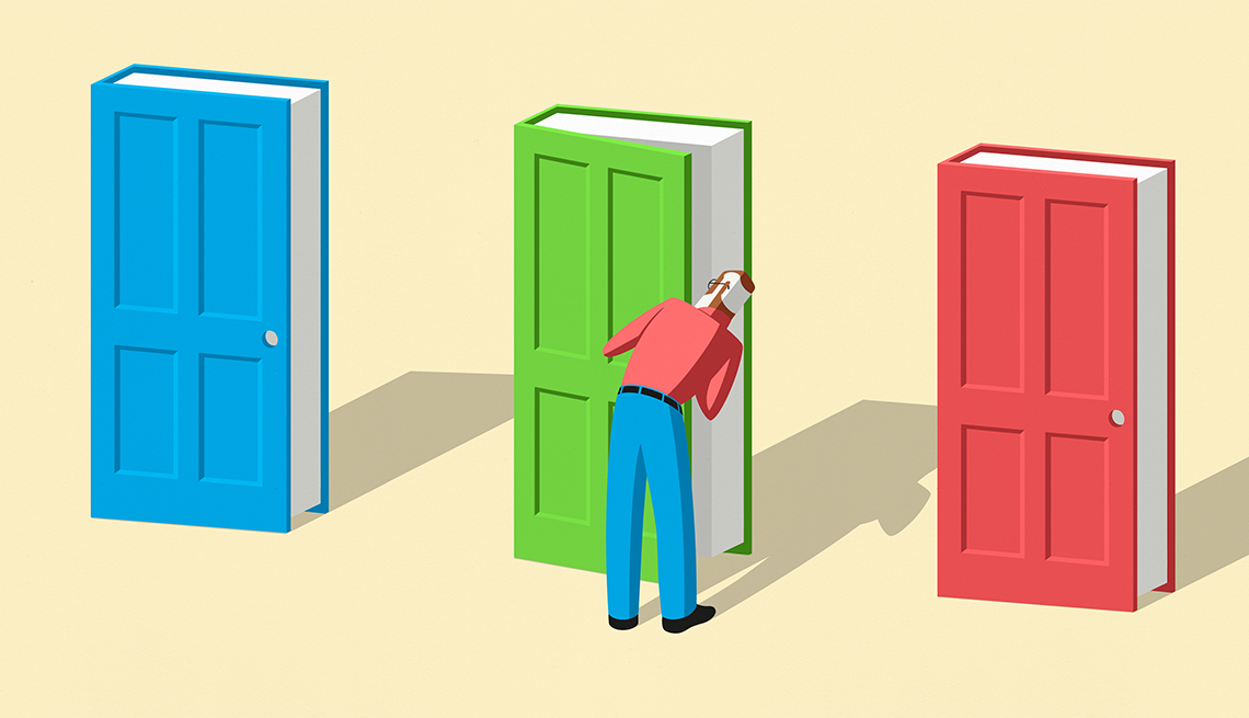 ilustración de un hombre parado frente a tres puertas, echando un vistazo dentro de la segunda
