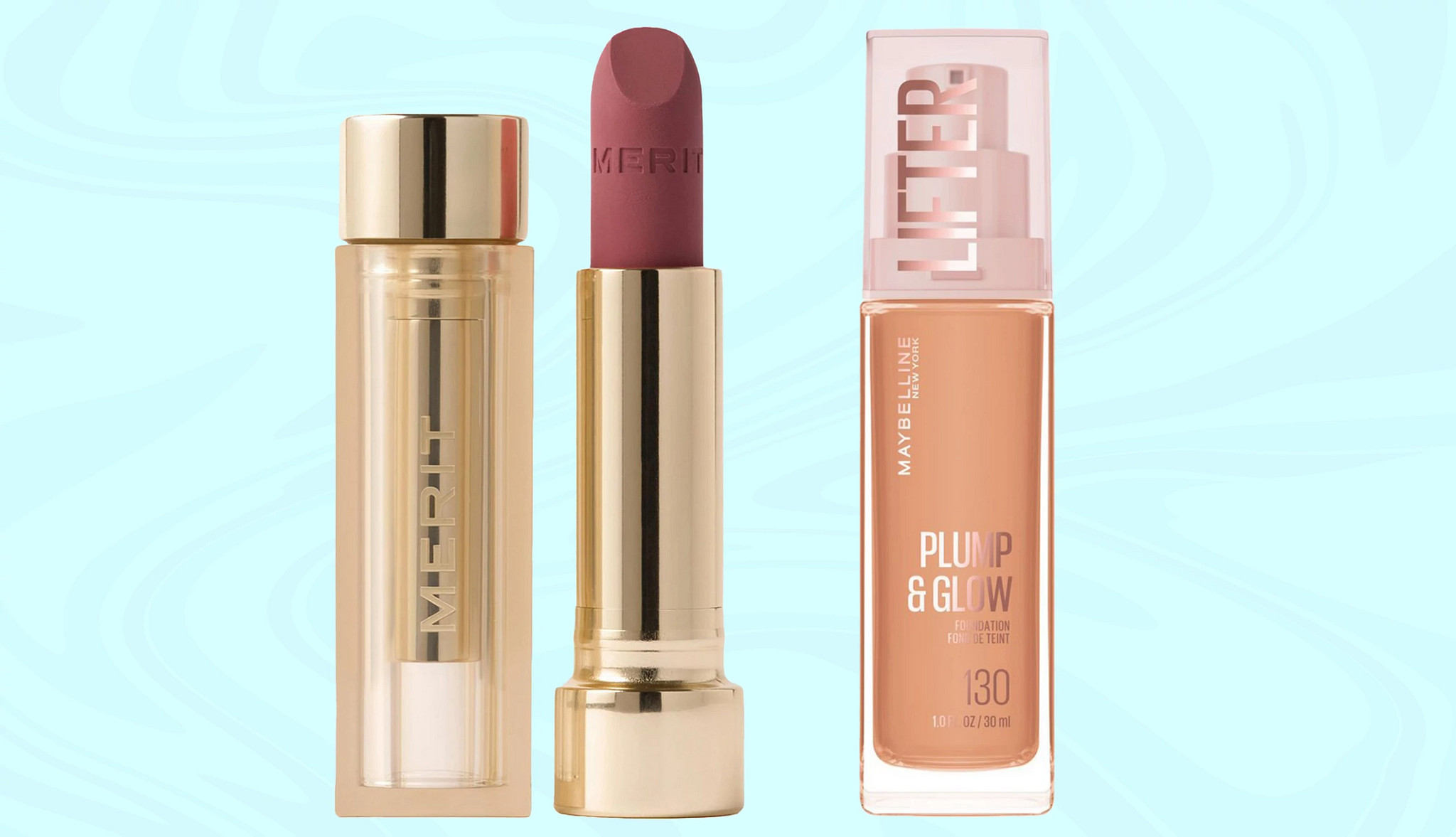 a collage with merit signature lip blush and maybelline foundation