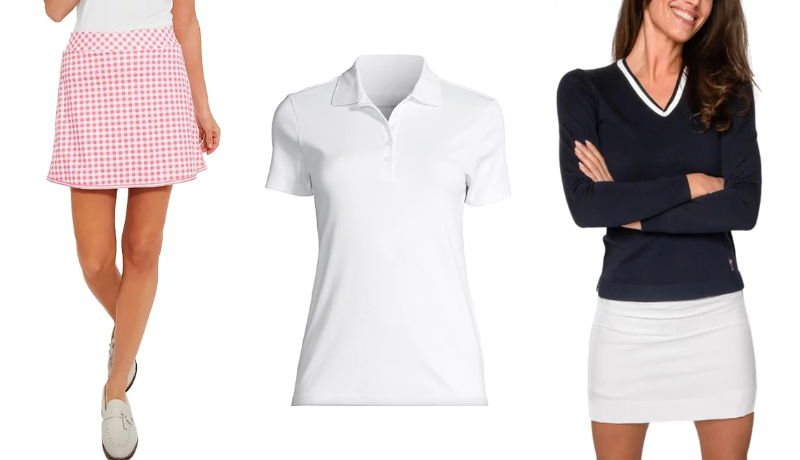 Golf sportswear Tuckernuck Tnuck Sport Pink Gingham 16 Inch Karrie Golf Skirt; Lands’ End Women’s Supima Cotton Polo in White; Golftini Navy/White Stretch V-Neck Sweater