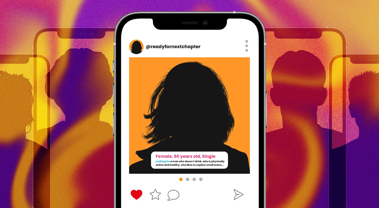 photo collage of phones with face silhouettes, posting dating profile on social media