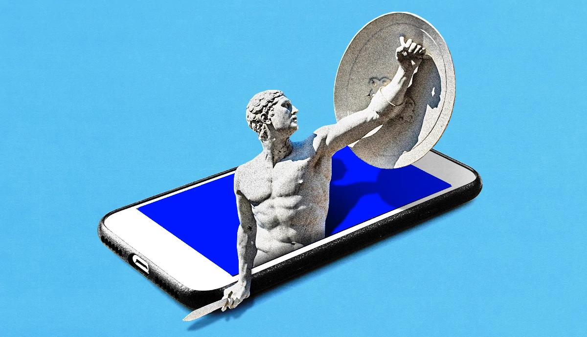 a statue with a shield and sword emerging from a smartphone screen