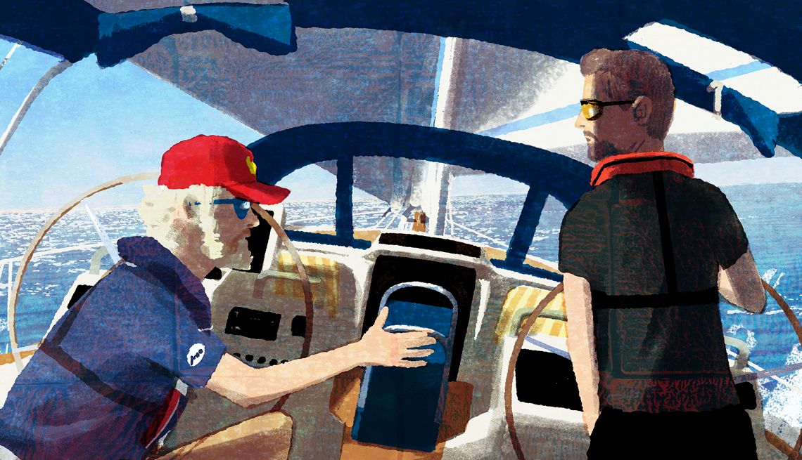 painting of a father and son on a sail boat