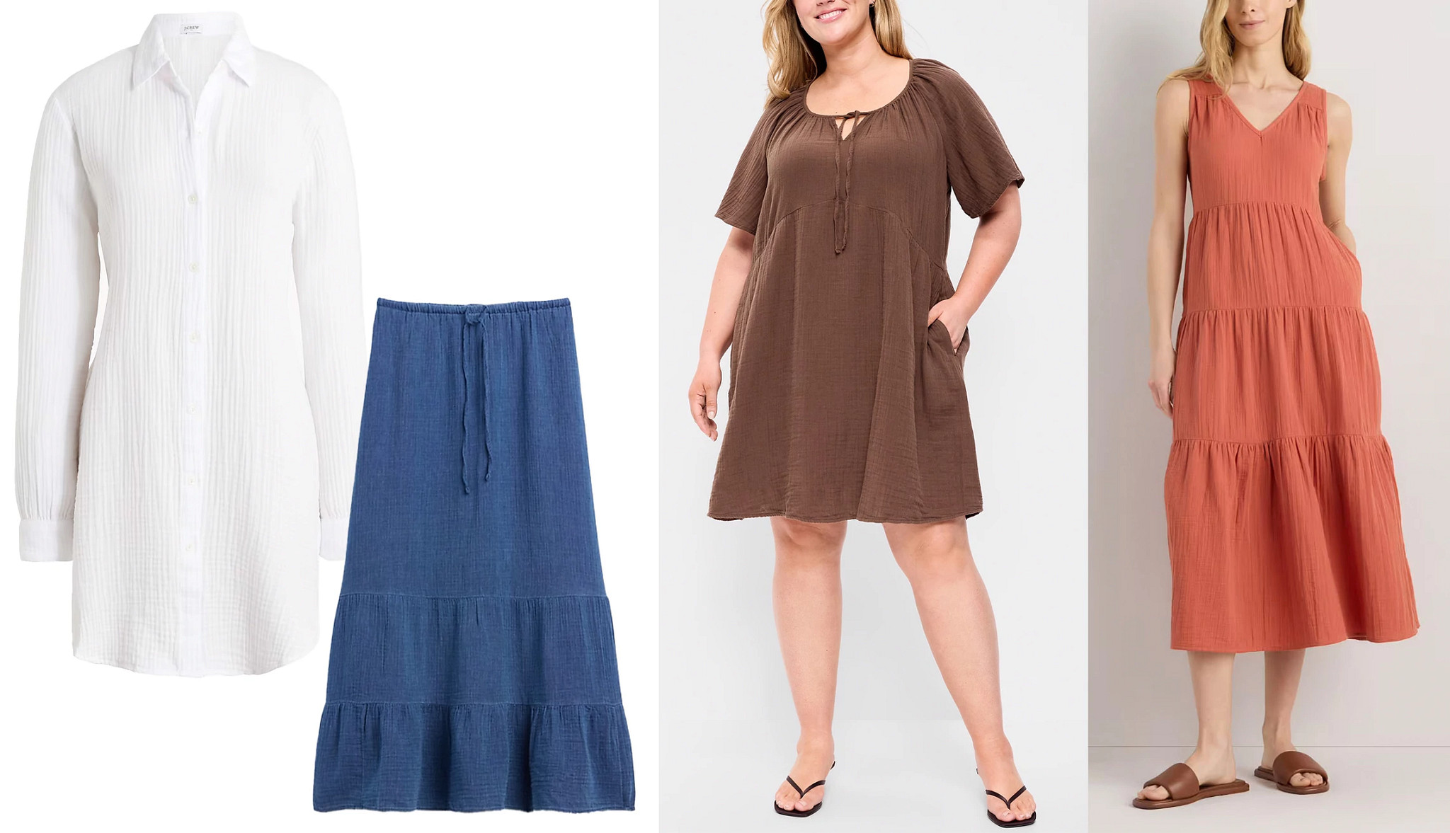 a collage with a cotton gauze tunic, a flowy skirt and two models wearing different styles of lightweight beach dresses
