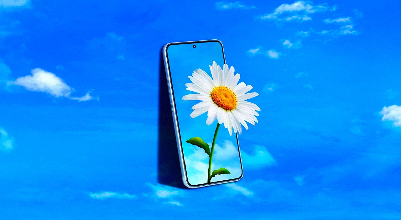 photo collage of blue sky with flower emerging from phone screen