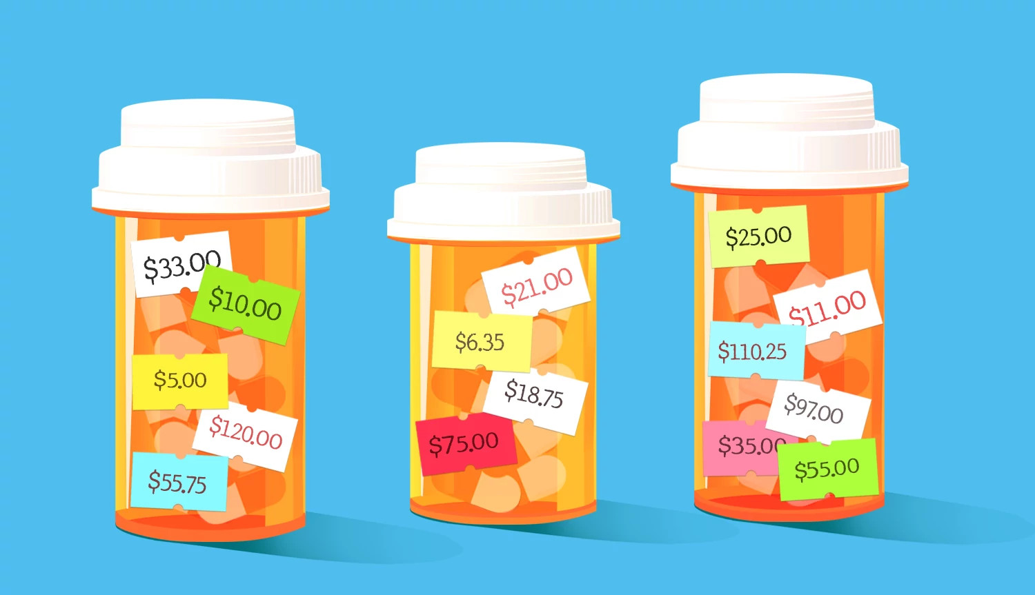 Illustration of three orange prescription pill bottles covered with colorful price tags displaying various dollar amounts against a blue background.