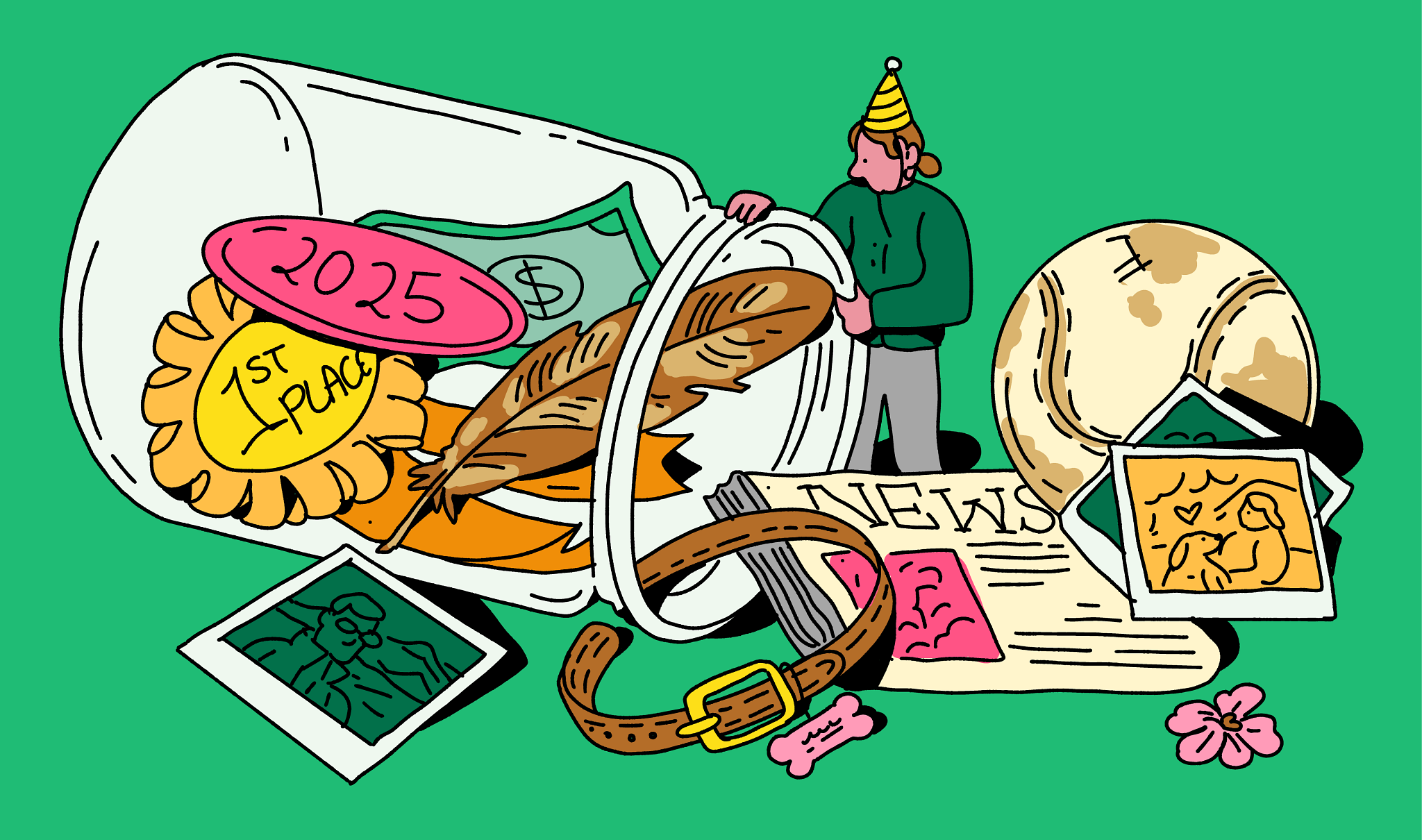 A graphic illustration shows a man filling a giant time capsule with money, a feather, polaroids, a bracelet, ticket stubs and a newspaper