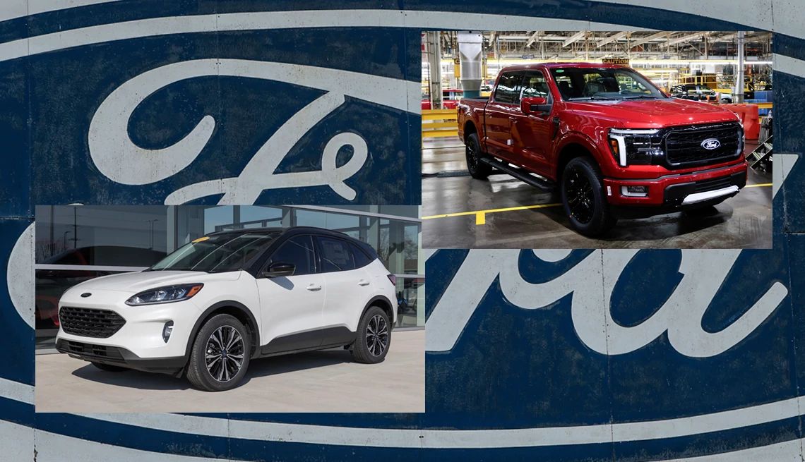 Ford Recall A photo collage shows a 2023 Ford Escape 2023 and a 2024 F-150 pickup truck in front of the Ford logo. Both vehicles are part of a massive recall.