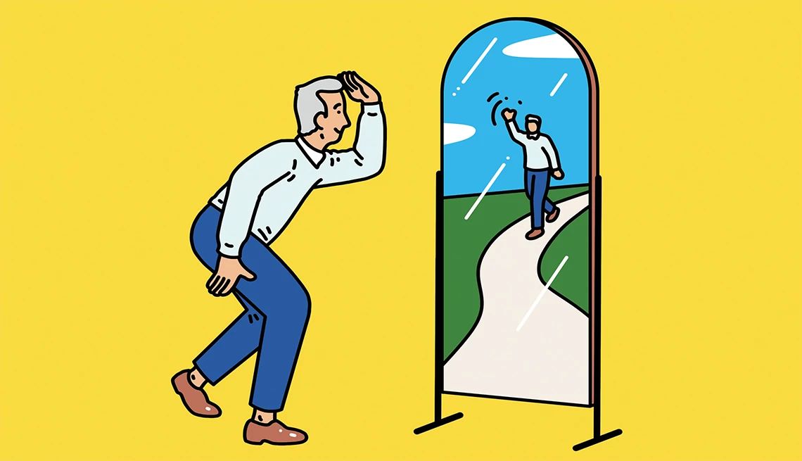 Great ways to find purpose Illustration of person looking into mirror and person in mirror waving back