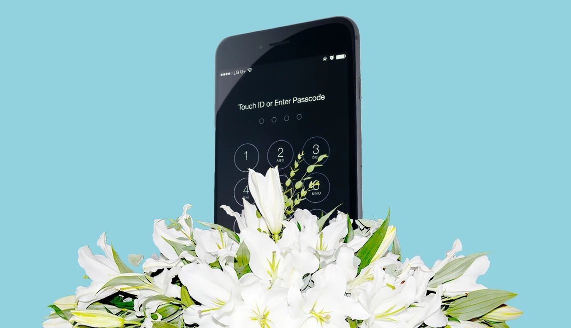 illustration of a smartphone in front of a white bouquet of flowers