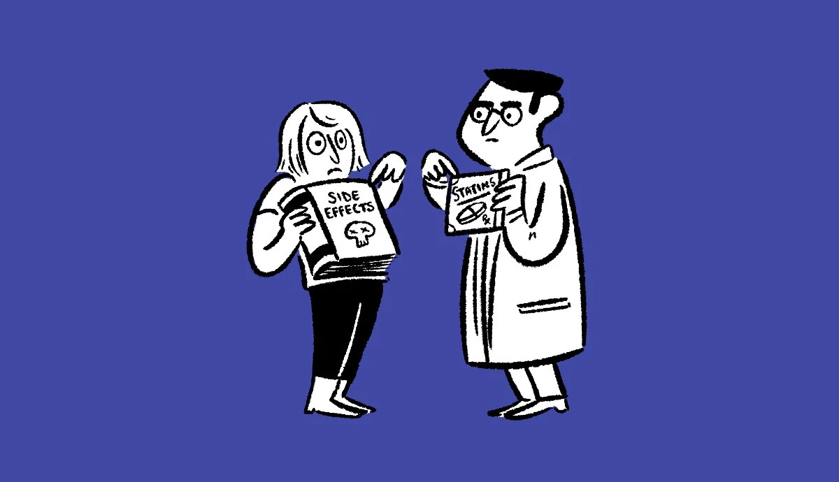 An illustration shows a patient holding a "Side Effects" book with a skull on the cover while a doctor points to a "Statins" pamphlet.