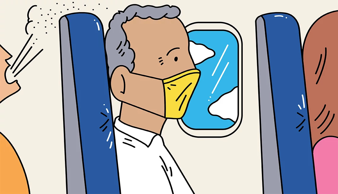 man wearing mask on an airplane