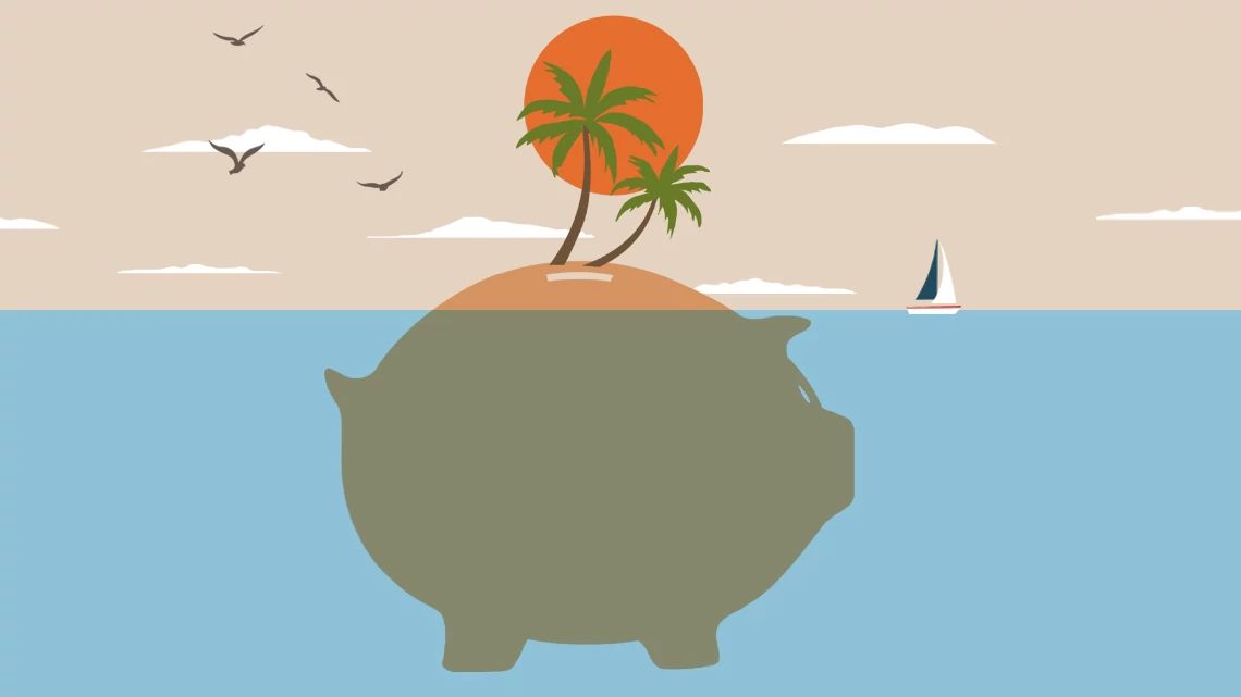 Ilustración de una alcancía debajo del agua en una isla con palmeras y un velero