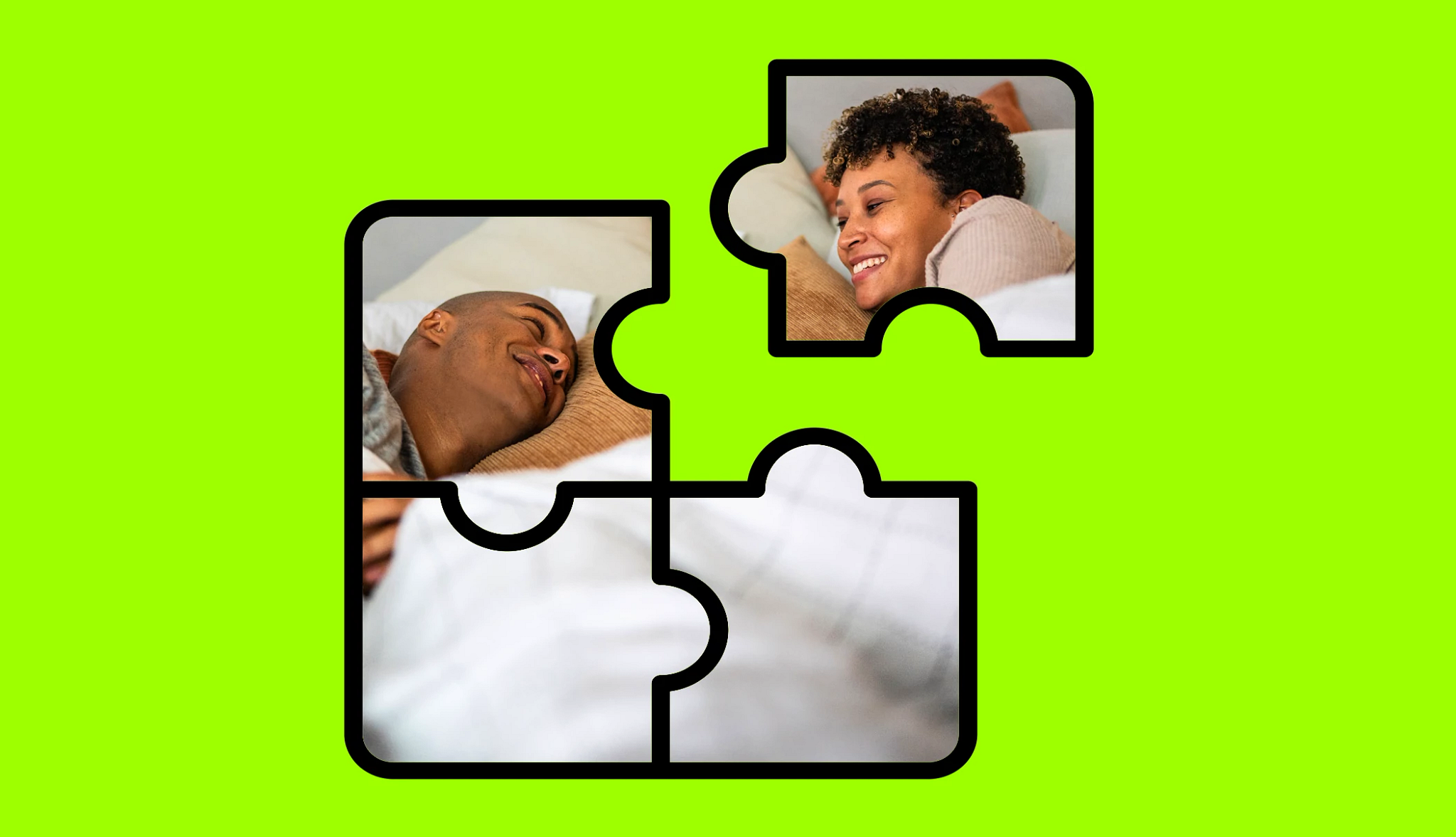 Two adults resting in bed are displayed inside separate puzzle-piece shapes against a bright green background