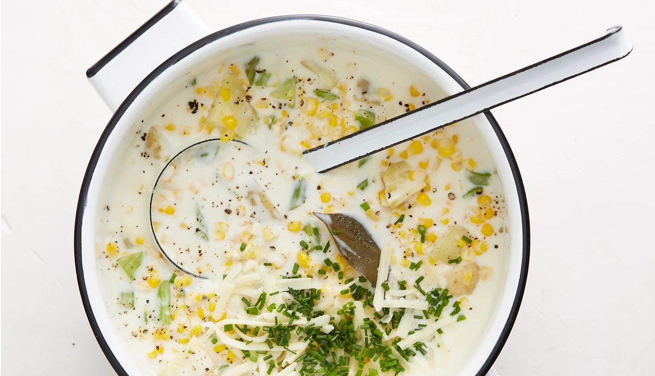 Late Summer Tastes Delicious A photo shows hearty Corn and Cheddar Chowder.