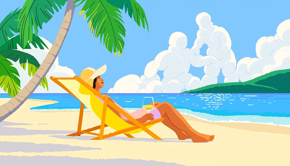 Cómo tomar vacaciones si eres cuidador Ilustración de un cuidador relajándose en la playa