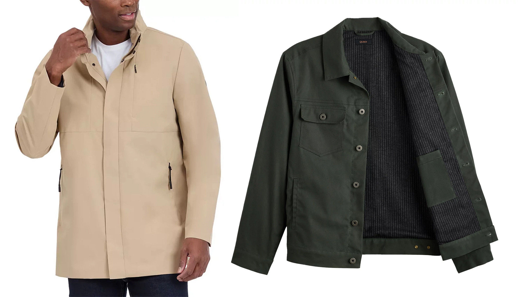 a collage with a dark gray collared jacket and a model wearing a tan raincoat with a modern cut