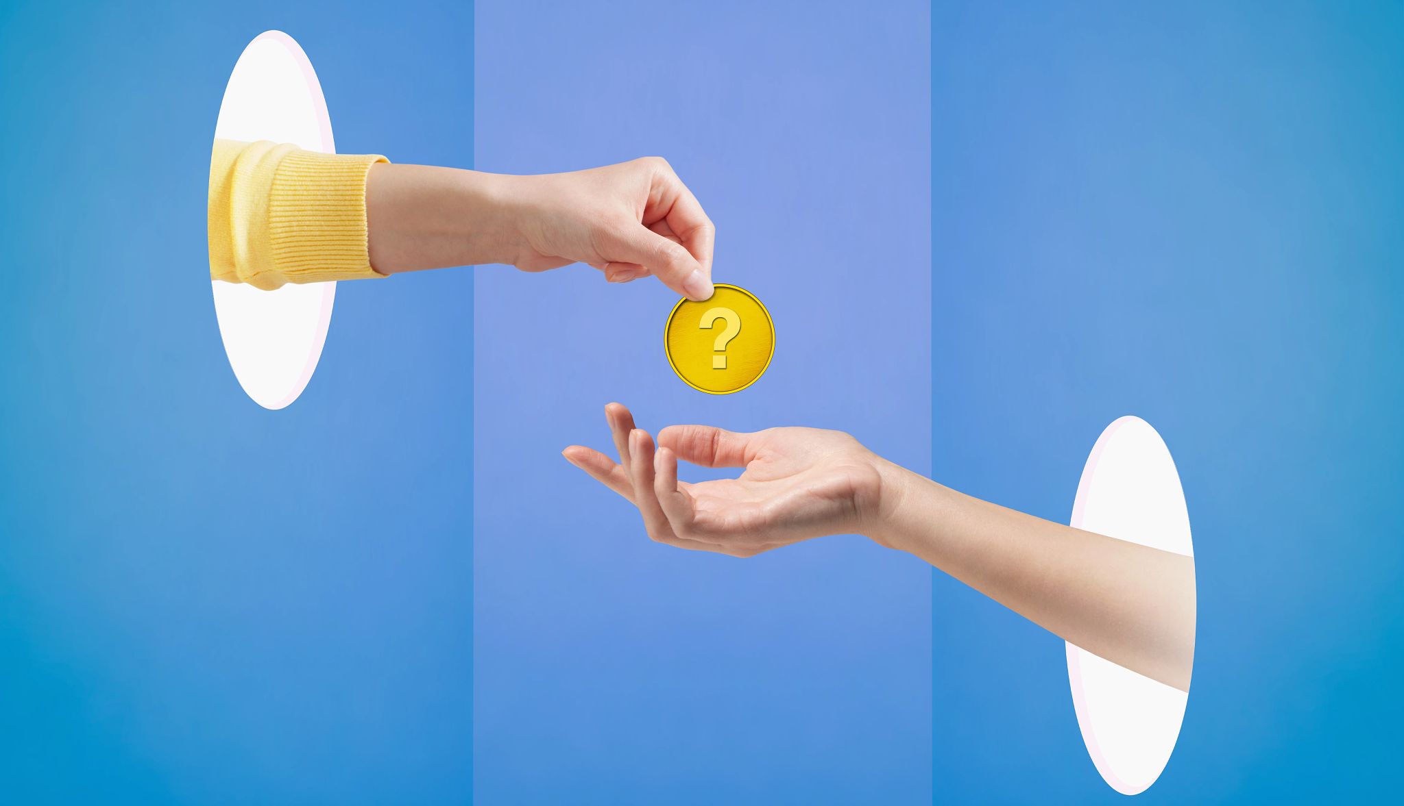 Safe Ways to Pay Online two hands reach through holes in separate walls. one hand drops a gold coin into the other hand