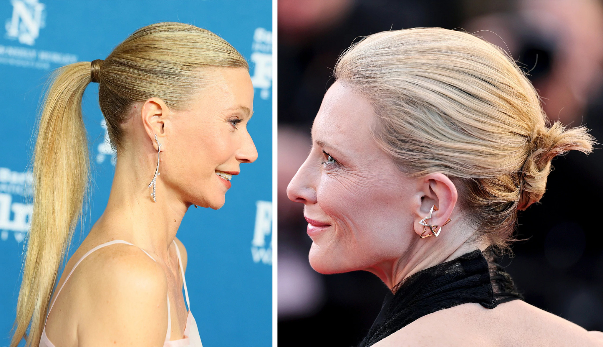 a collage with portraits of gwyneth paltrow and cate blanchett, both wearing sleek updos