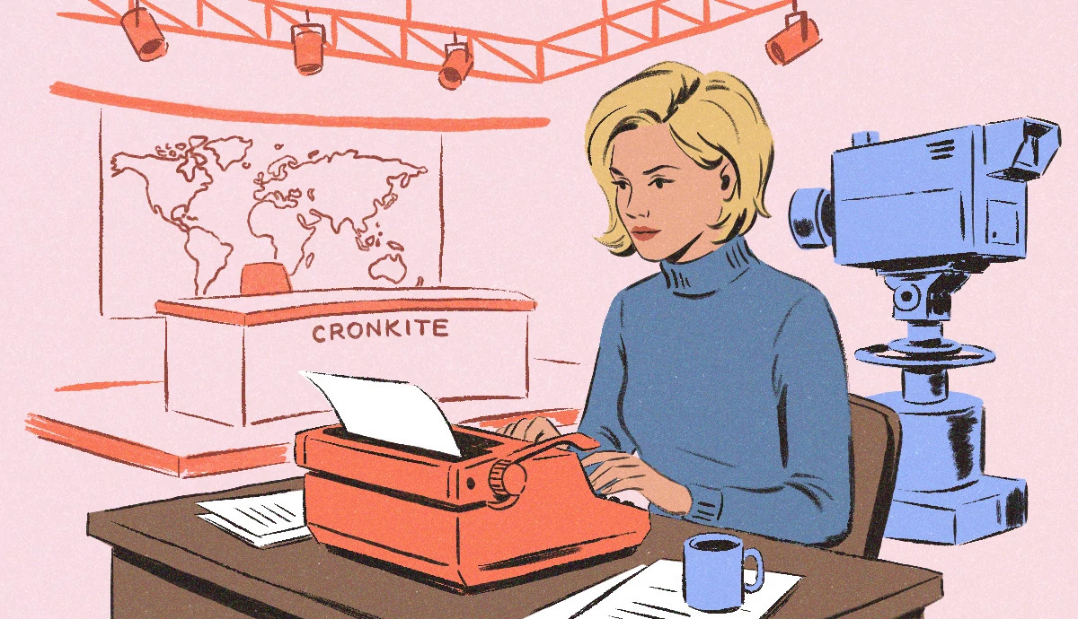A blond woman types on a typewriter. Behind her is a TV studio with Walter Cronkite's anchor desk.