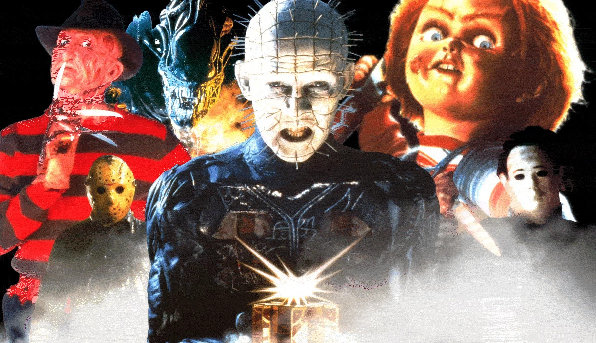 a collage with villains from 1980s horror movies, including pinhead, chucky, jason vorhees, freddy krueger and michael myers