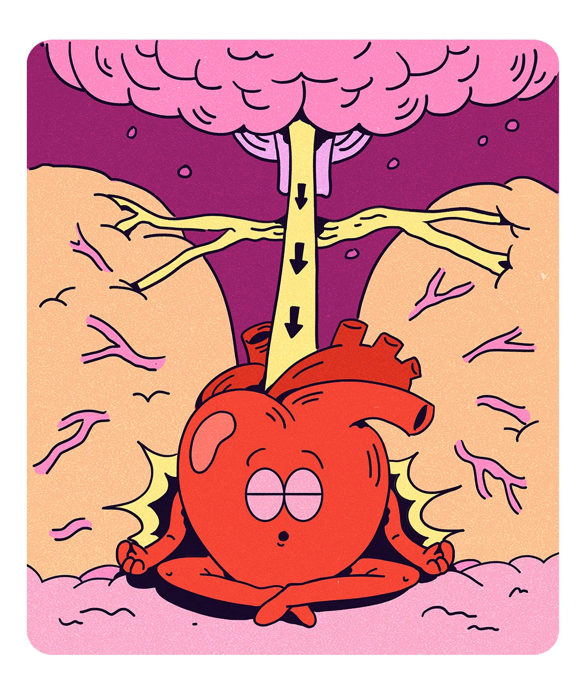 A colorful cartoon illustration showing an anthropomorphic human heart character meditating peacefully to reduce stress, with a direct pathway connecting it to the brain above.