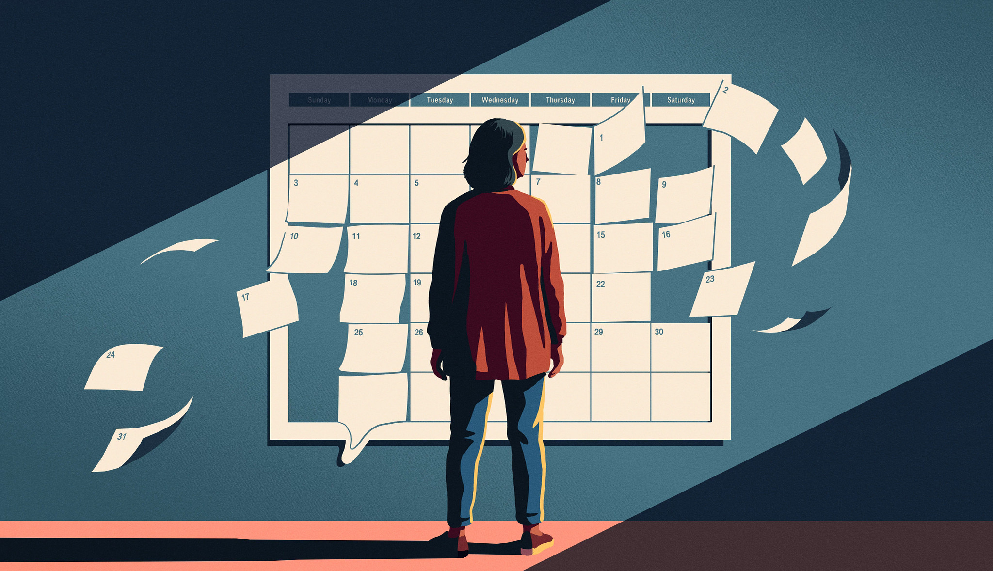 An illustration of a woman looking at a monthly calendar on a wall with some dates flying off it
