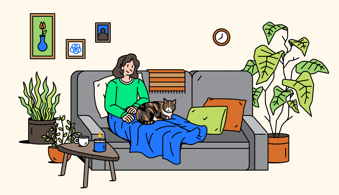A Woman Relaxes Alone An illustration shows an older woman relaxing alone on her couch with her cat. There is a candle and a cup of coffee on an adjacent table. Behind and beside the couch are different plants. On the wall behind her are pictures and a clock.