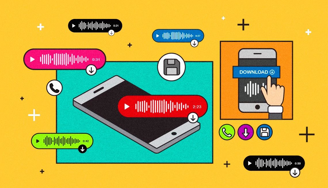Save Treasured Voicemails A graphic illustration shows two smartphones on a yellow, blue and orange background with various audio playback and save features represented
