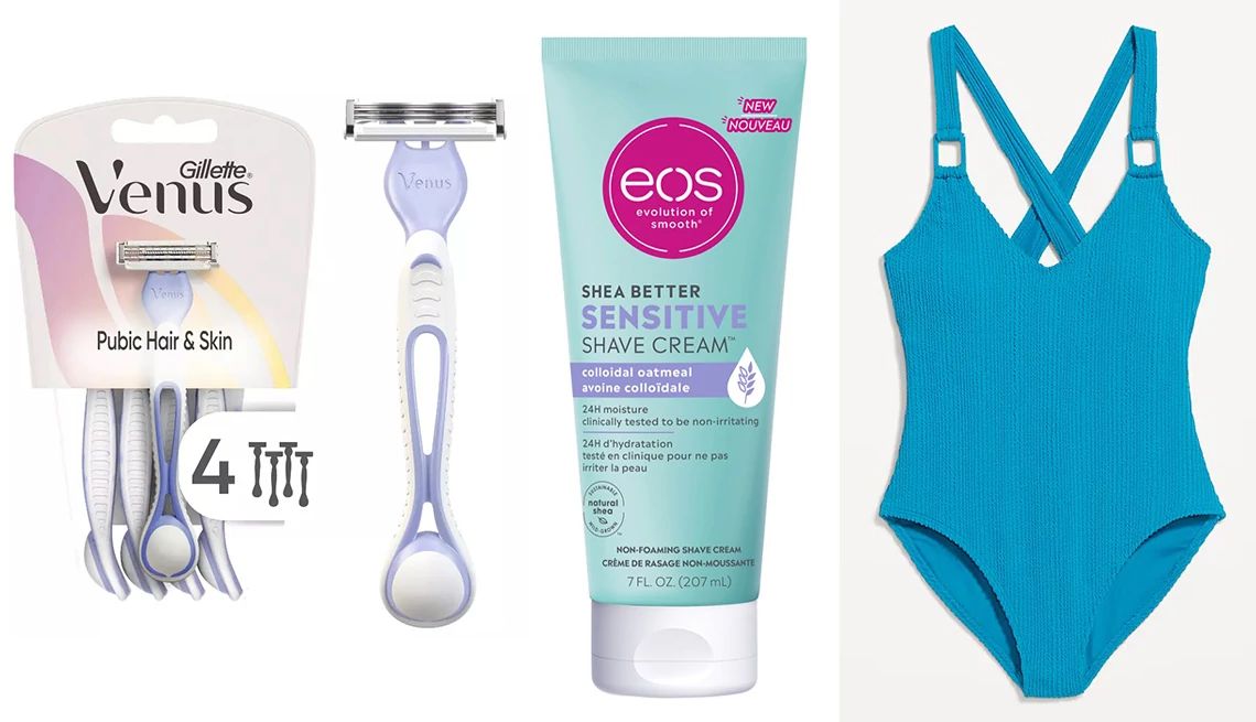 Solving the Worst Summer Beauty Problems razors, shave cream and a blue one-piece bathing suit