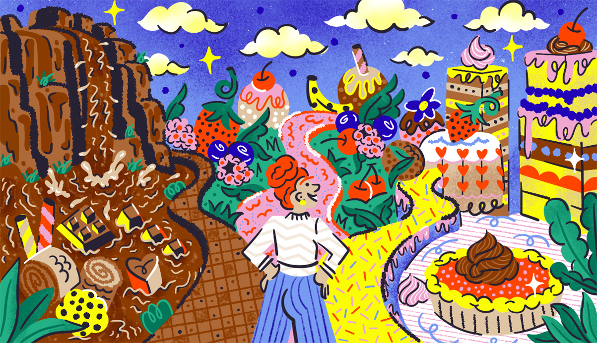 illustration of woman looking at fields made of dessert
