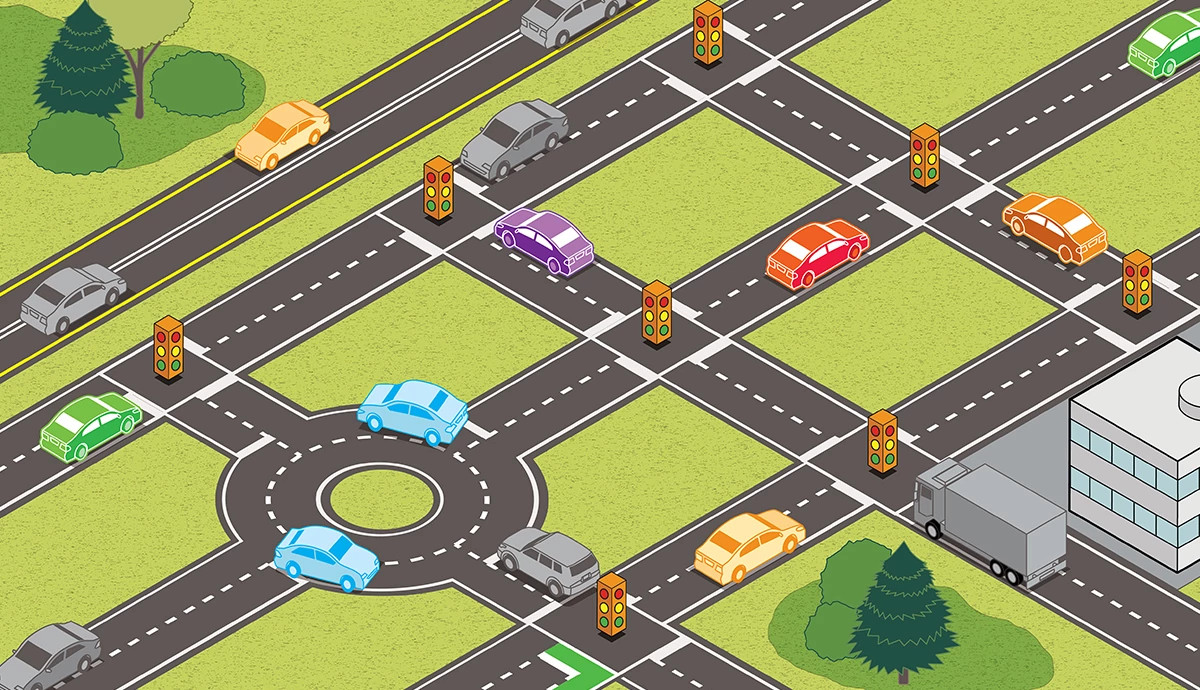 a graphic illustration shows a three quarters view of a traffic grid set up like a gameboard, with cars that looks game pieces