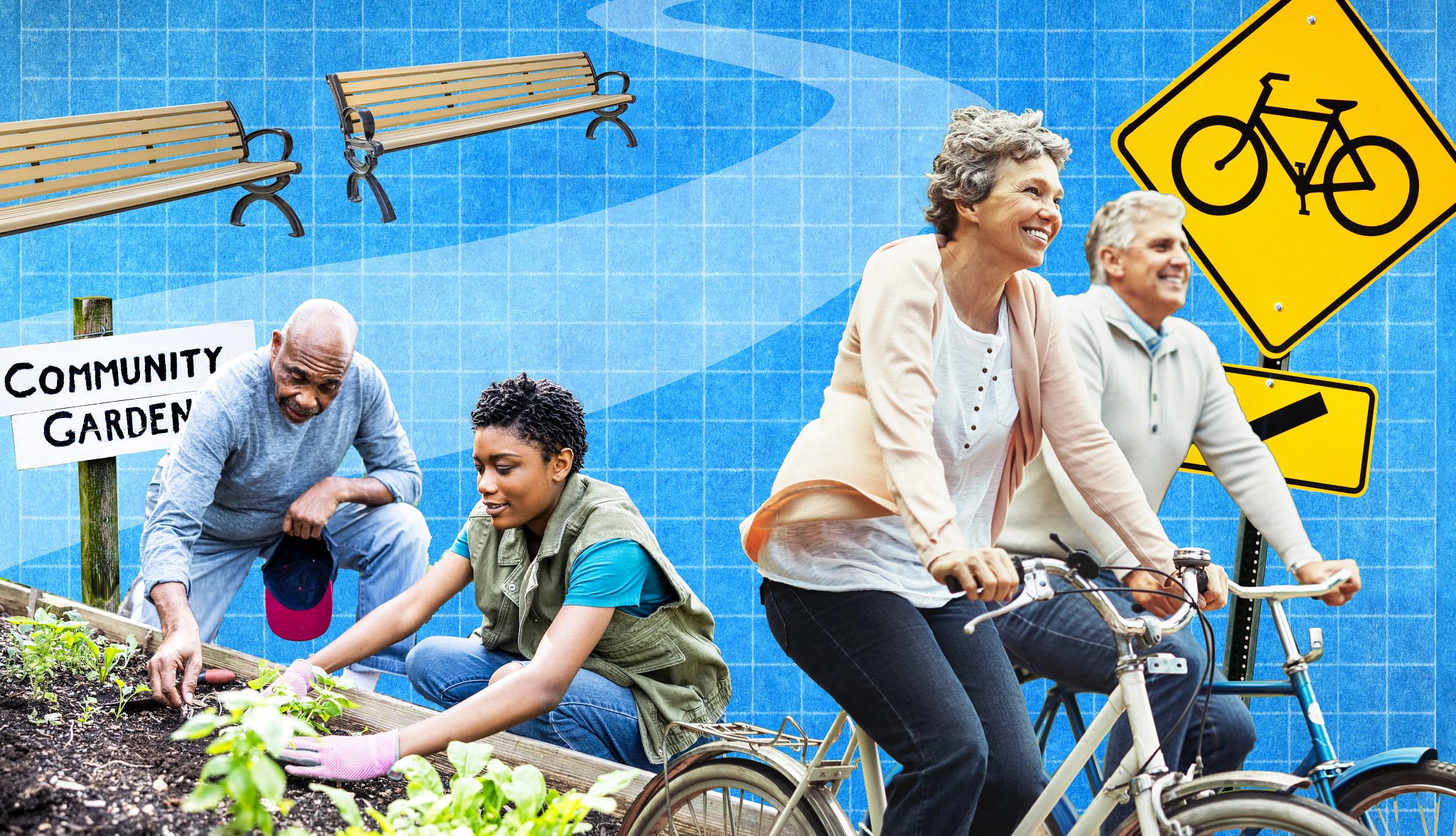 Las subvenciones AARP Community Challenge financian proyectos para mejorar las comunidades Collage que muestra bancos de un parque, un hombre mayor y una niña plantando un jardín y una pareja mayor andando en bicicleta.