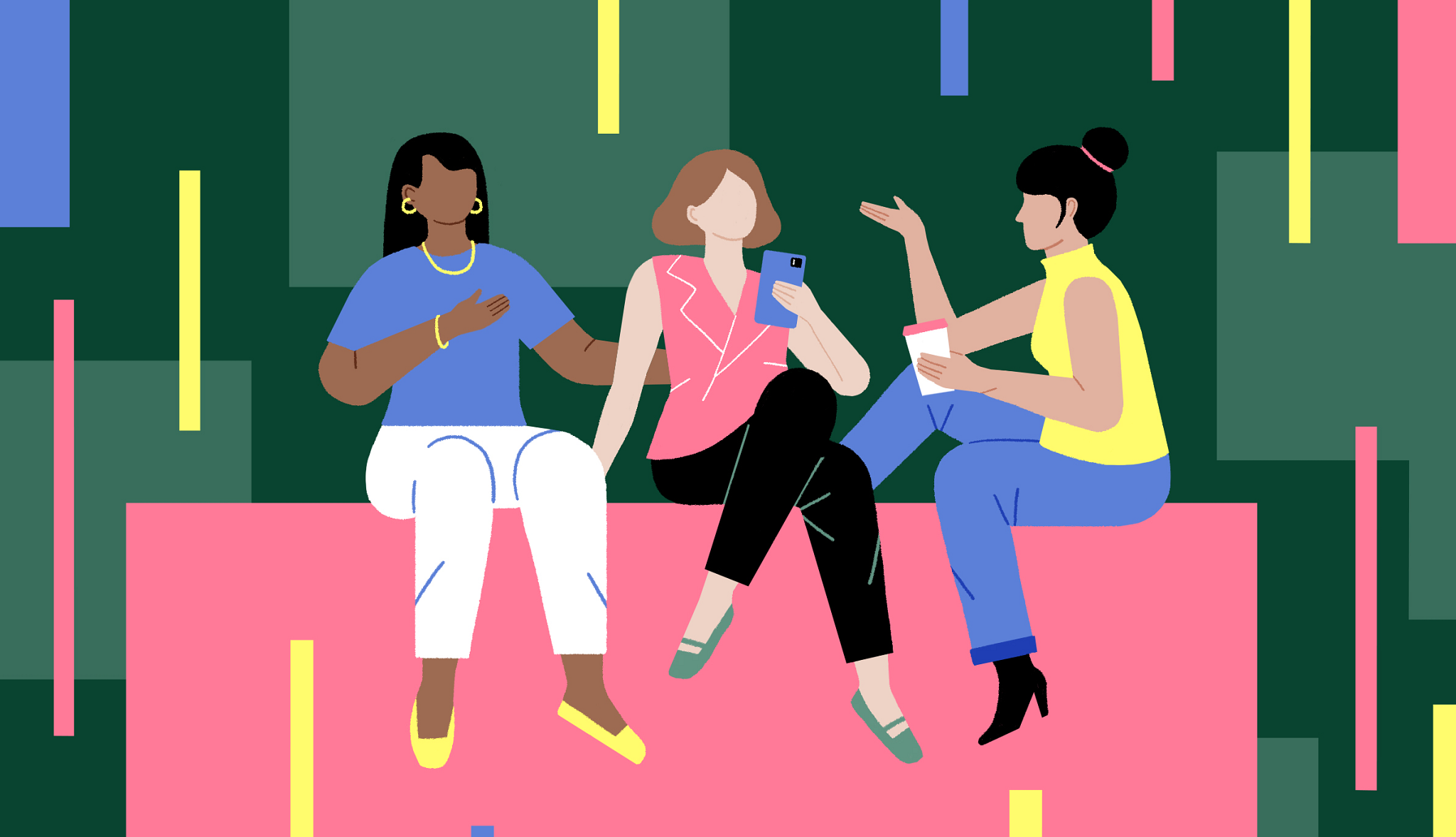 Illustration of three women sitting on a pink block talking, one holding a phone, one holding a coffee, and one raising her hand