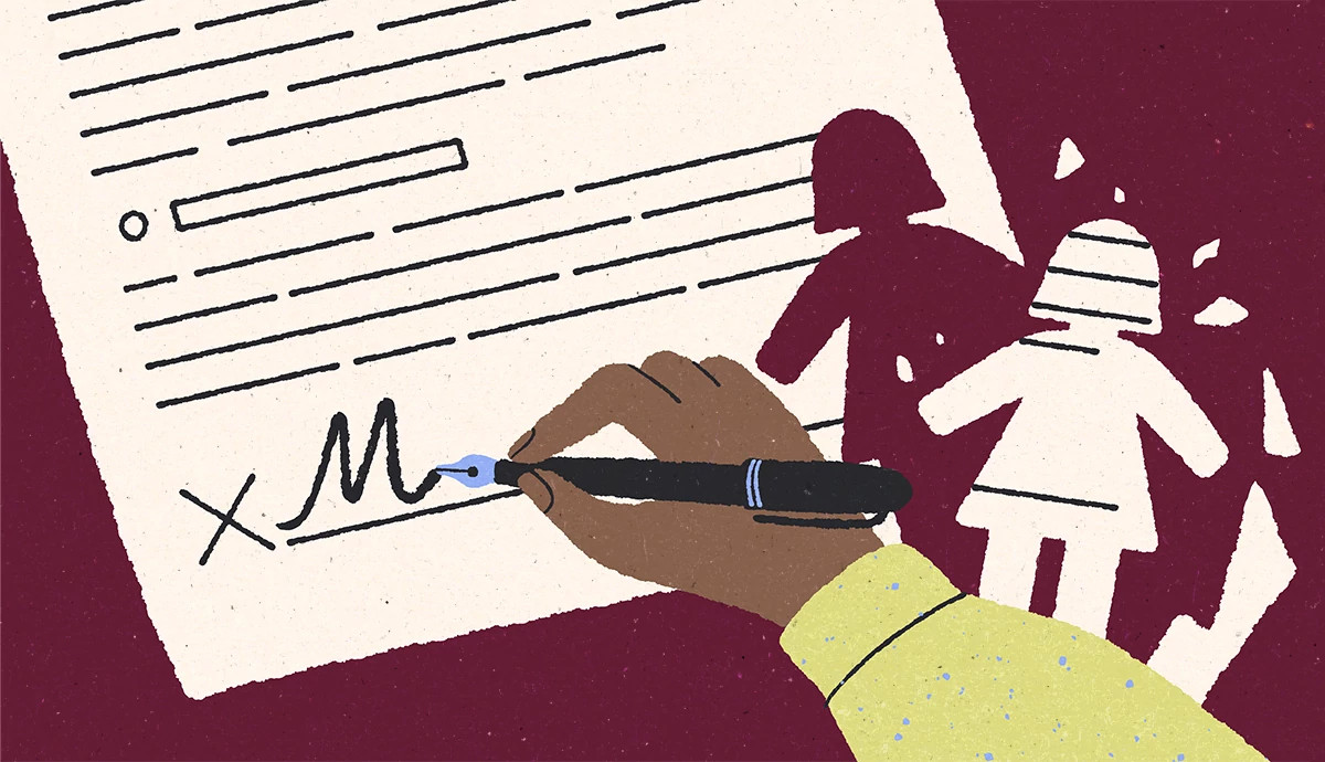 a hand signs legal paperwork. part of the paper is cut out in the shape of a girl