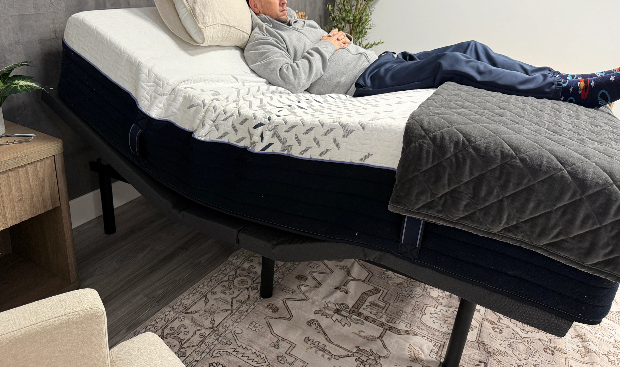 Man on an adjustable base in the zero-gravity position