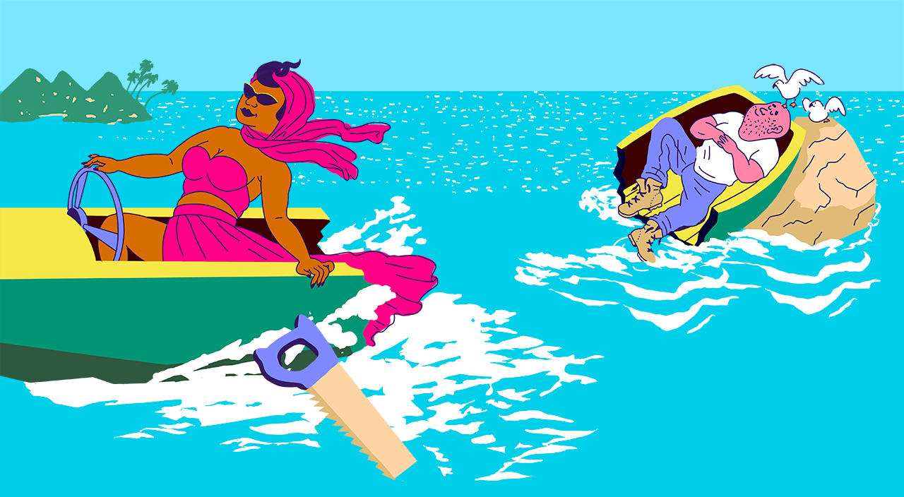 illustration of woman cutting off boat leaving her husband behind