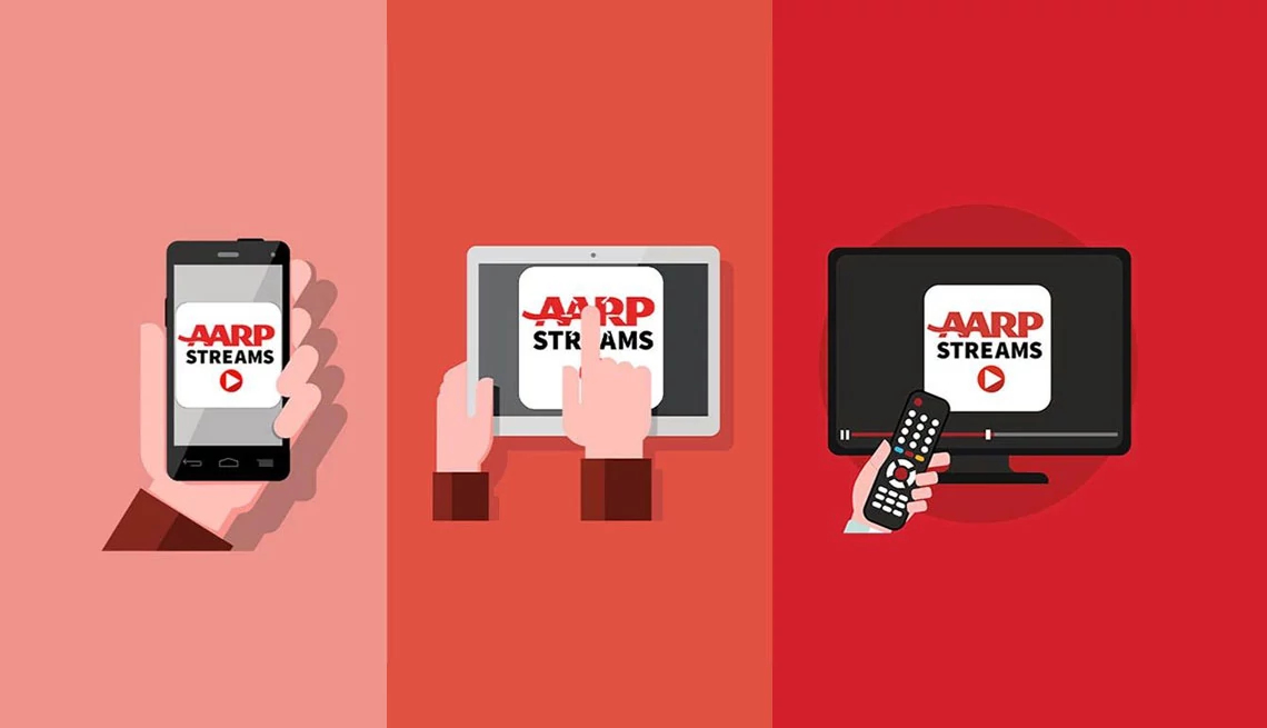 AARP Streams App three images of a person's hand holding a phone, holding a tablet, holding a remote in front of a T V, all have A A R P Streams on the screen