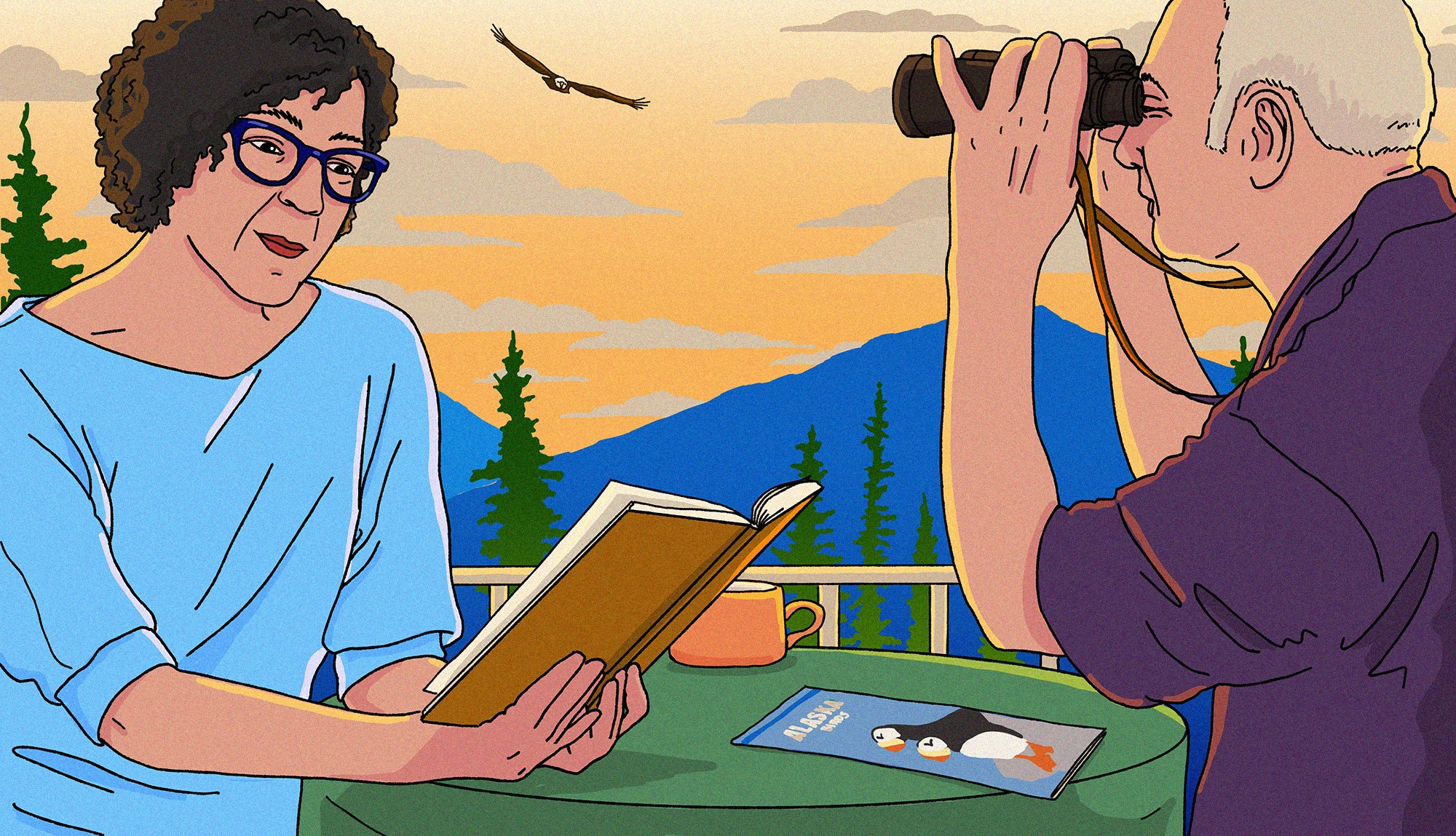 an illustration of a woman reading a book and a man bird watching with bincoculars
