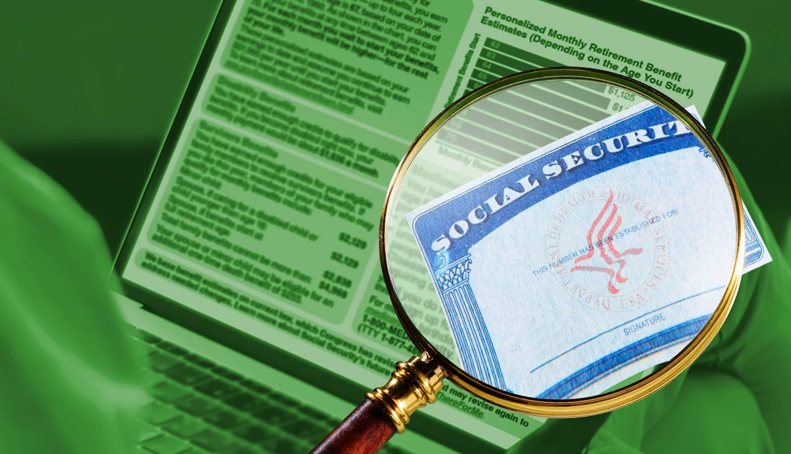 Social security statement a social security card under a magnifying glass with a laptop in the background