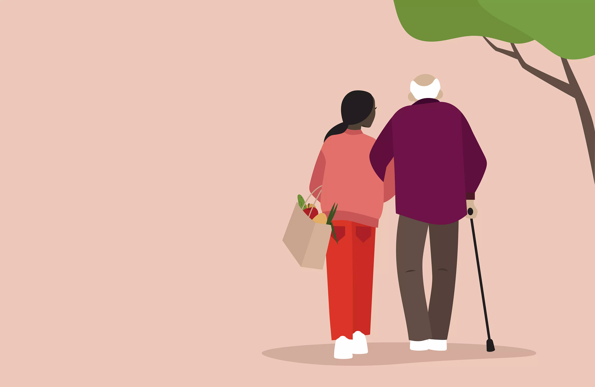 animated characters one with shopping bag with arm interlocked with older person w/cane.
