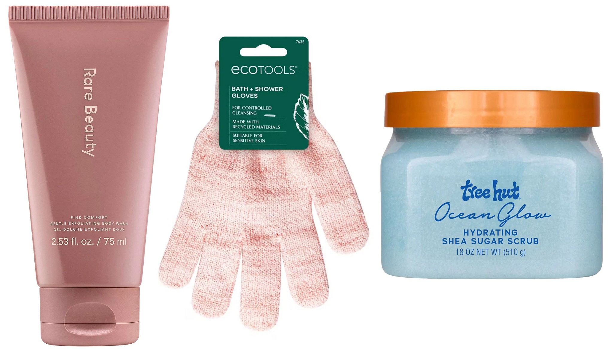 a collage with two exfoliating bath products and a pink shower glove