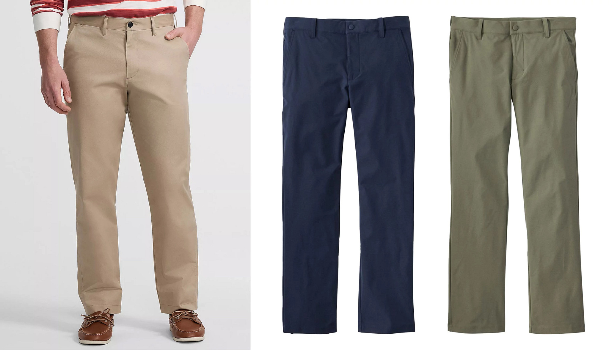 a collage with three different styles of mens flat front casual trousers