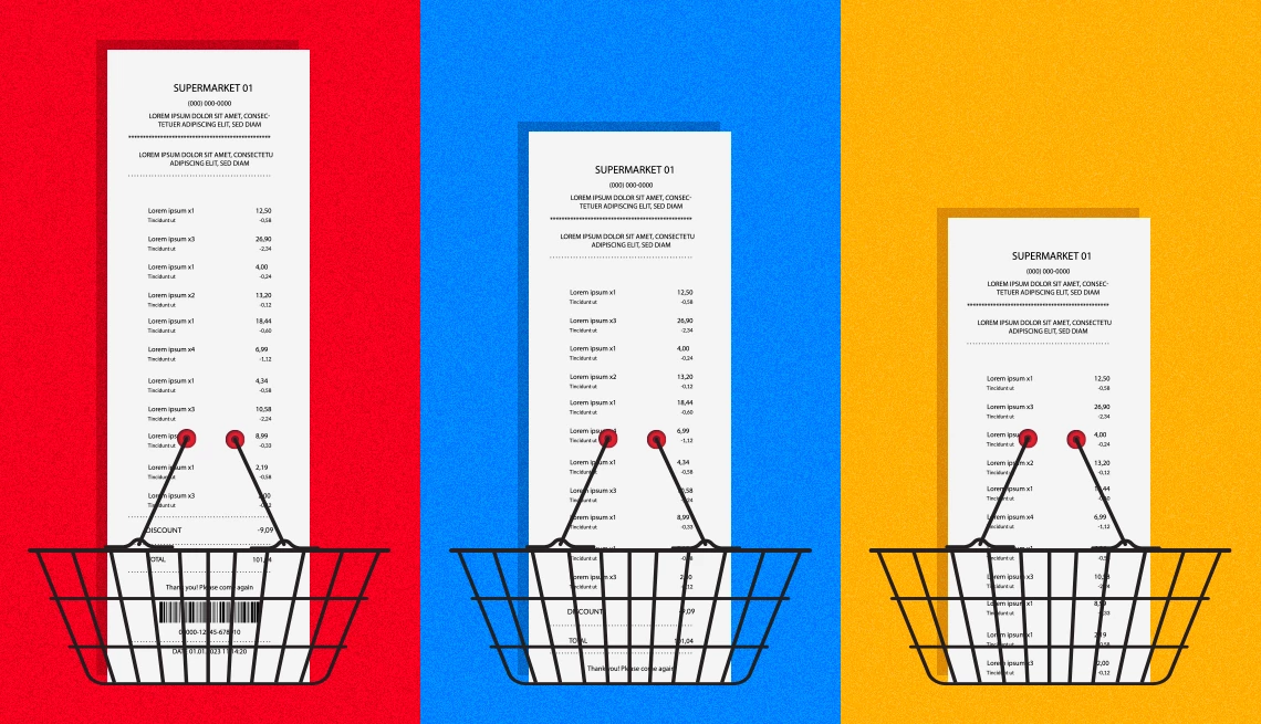 Which store has the cheapest groceries bars showing different lengths of receipts in hand baskets