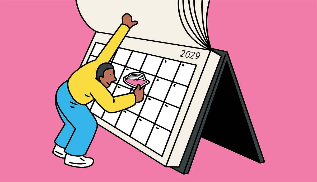 an illustration of a person placing a cruise ship on a calendar