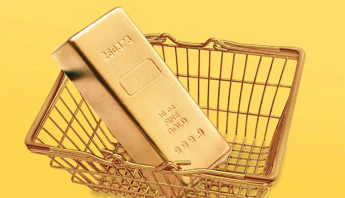3 Retailers that Sell Gold a gold bar in a basket on a yellow field