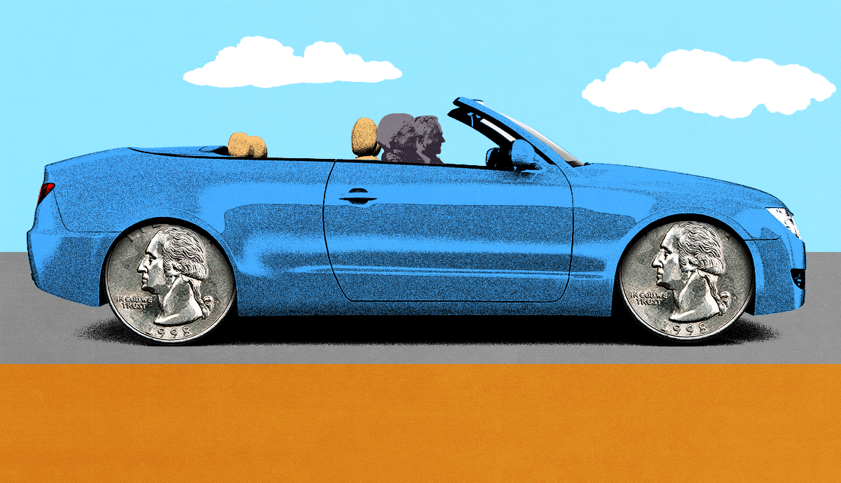 a gif of a car with quarters for wheels