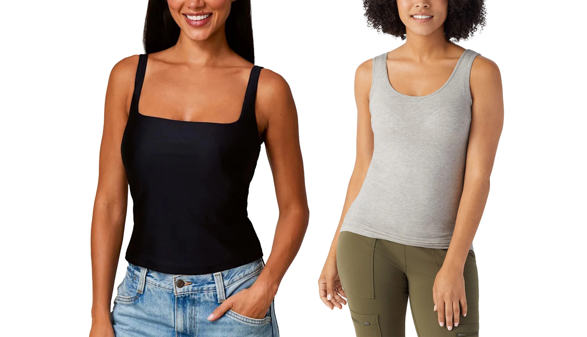 a collage with two models wearing tank tops with built in bras