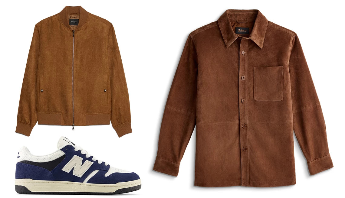 a collage with two suede jackets and a sneaker