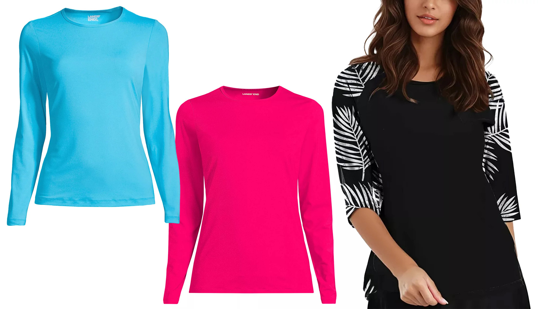 a collage with long sleeved rash guards and a model wearing a half sleeve swimsuit coverup