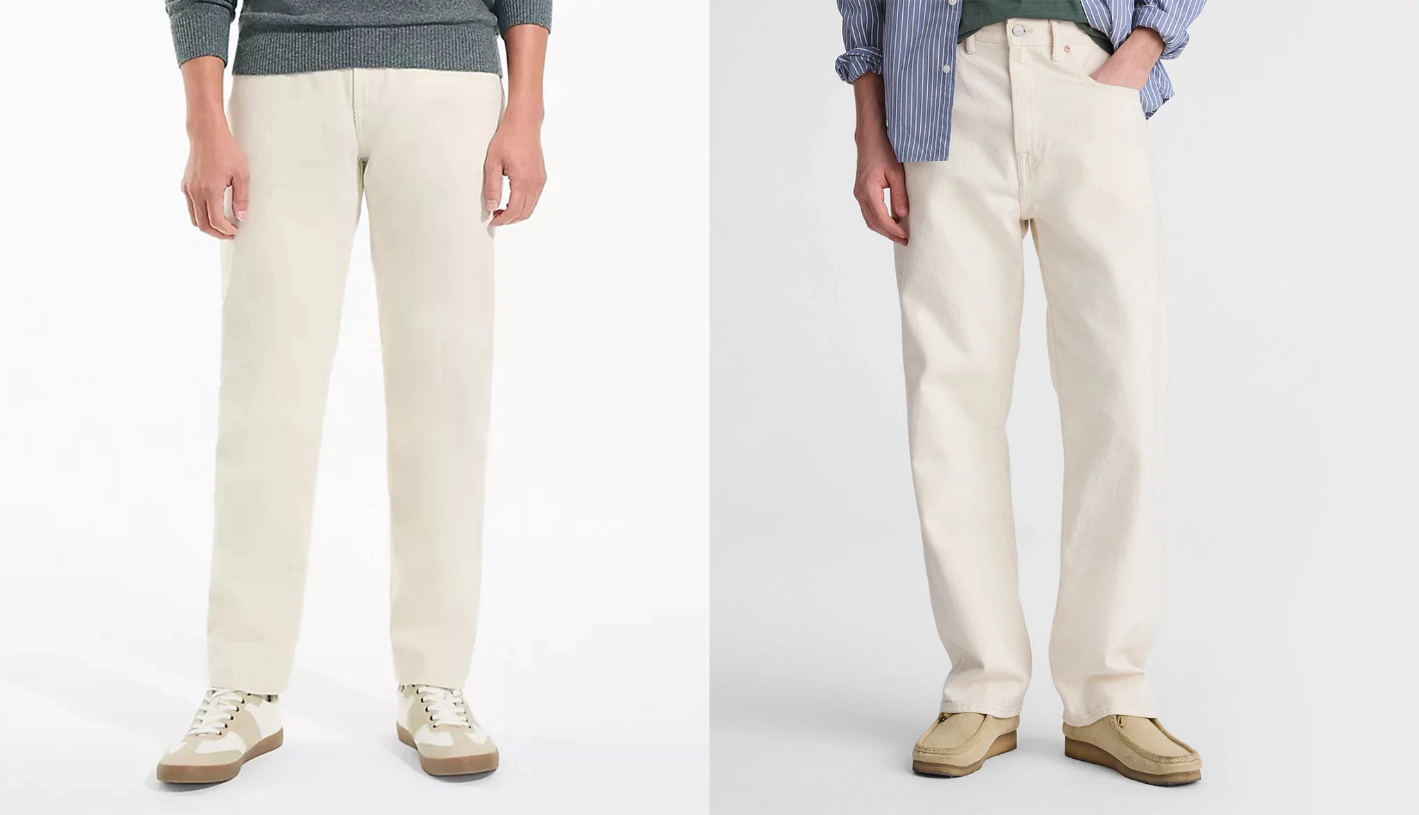 Models wearing mens jeans in light colors
